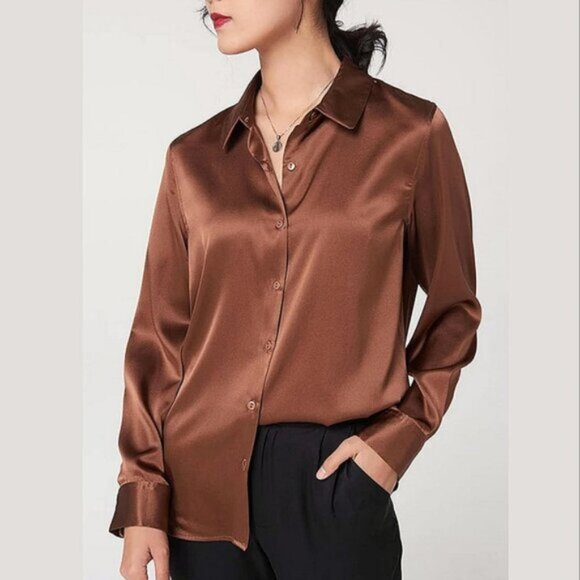 Velvet Heart Satin Brown Bronze Epicurean Relaxed Dress Shirt Business- NWT - Picture 2 of 11